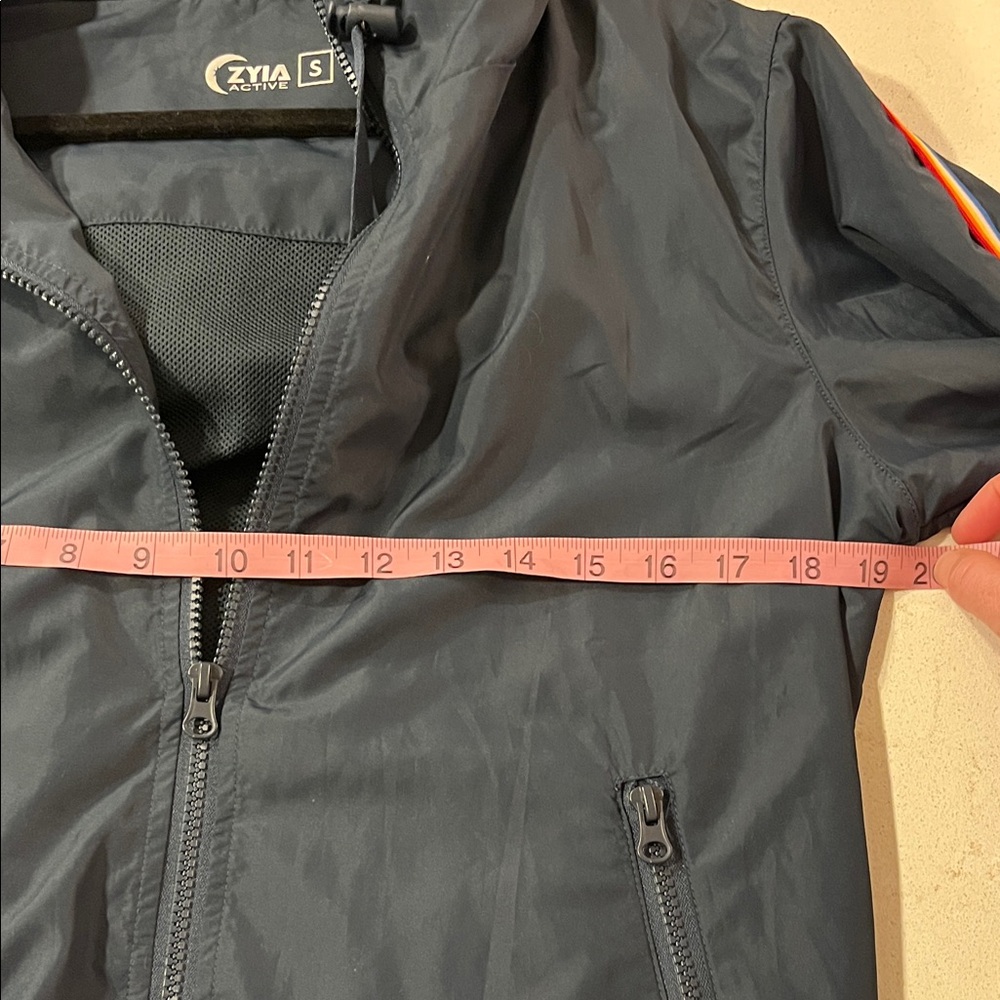ZYIA Navy Bomber Jacket with Vibrant Sleeve Accents - Picture 6 of 6